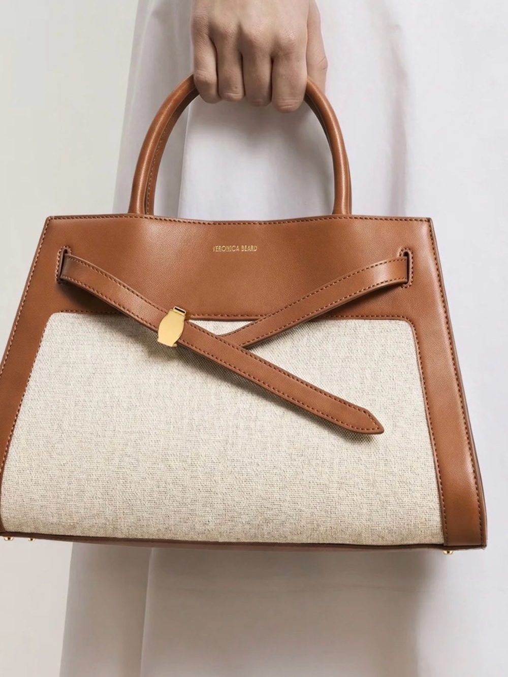 Veronica Beard Tan Leather-Trim Canvas Tote - Picture 2 of 9